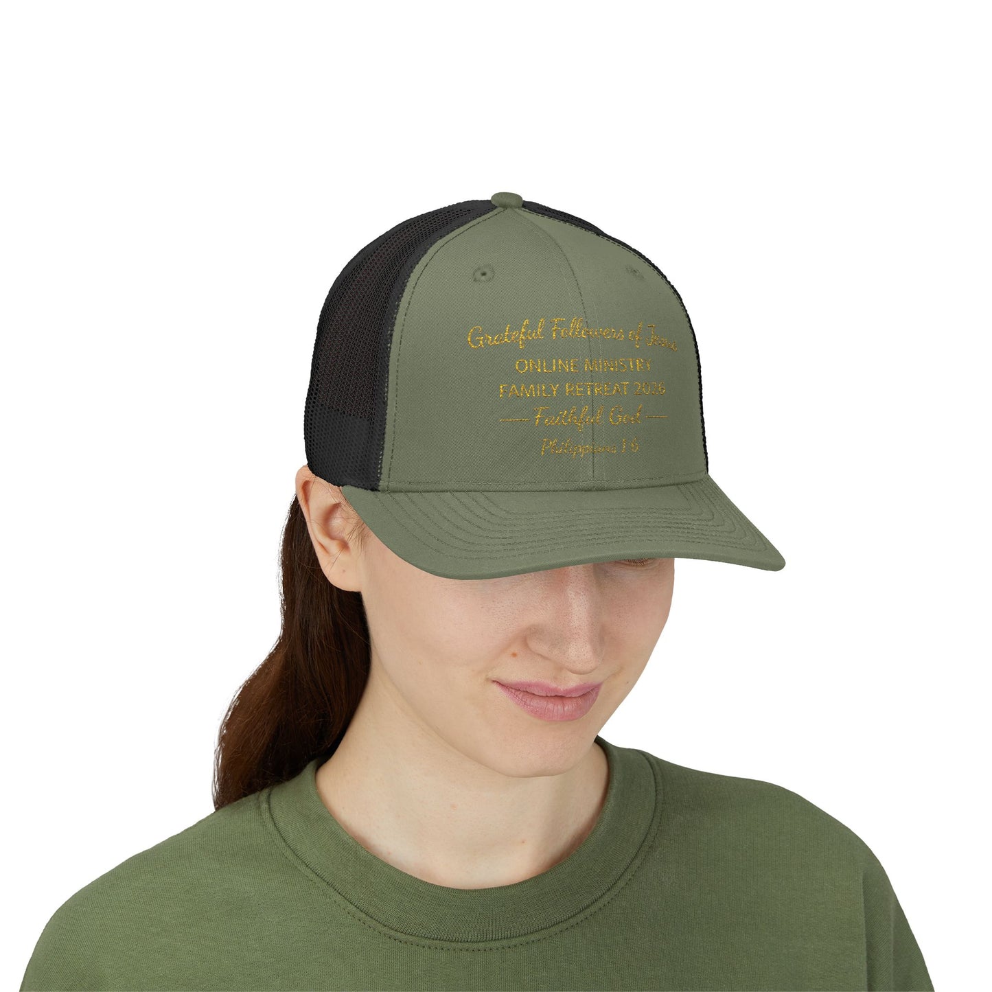 Embroidered Faith Retreat Trucker Cap — 'Faithful God' Family Ministry Snapback