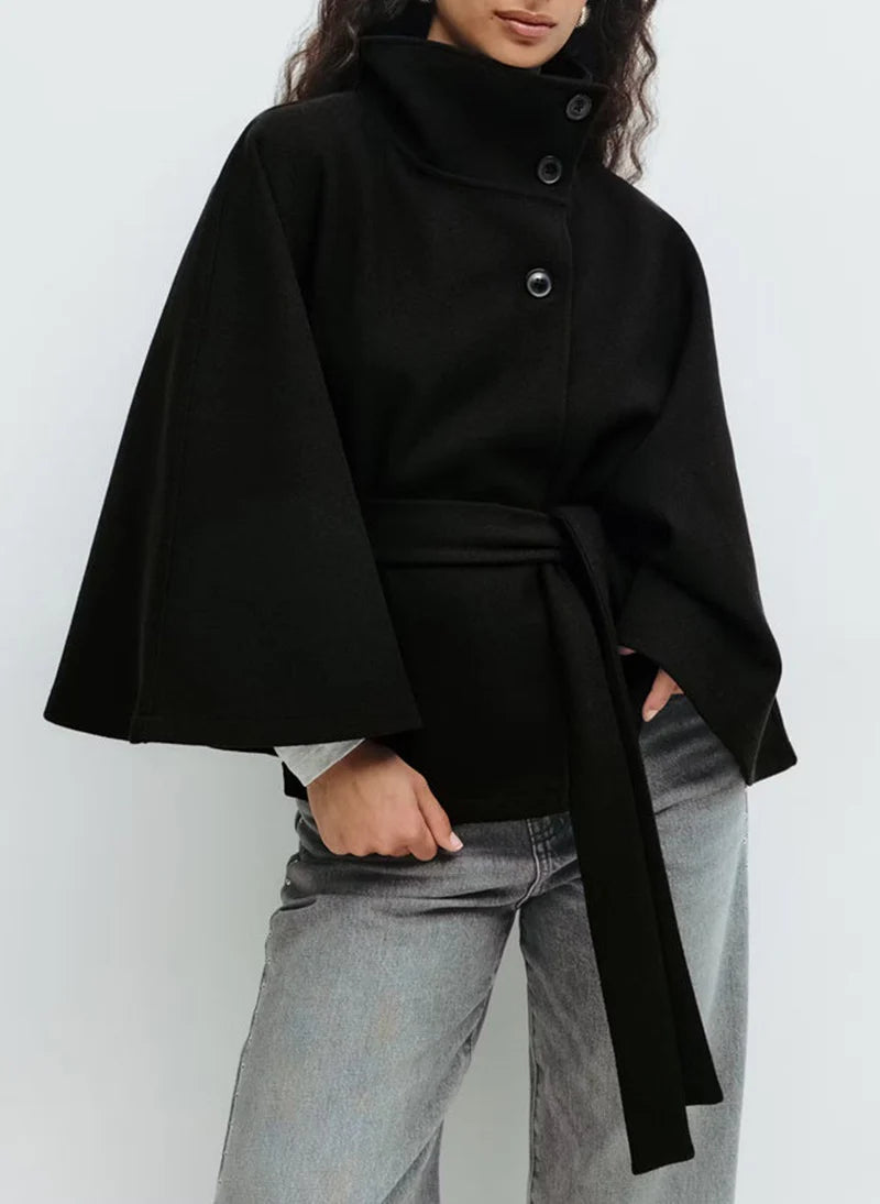 Winter High Neck Batwing Sleeve Coat with Belt Fashion Loose Elegant Button Top Trench Coat for Women Clothing