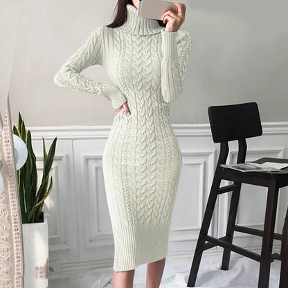 Autumn and Winter Womens Long Sleeve Turtleneck Sweater Dresses Warm Knitted Bodycon Pullovers Jumper Dresses Vestidos Largos