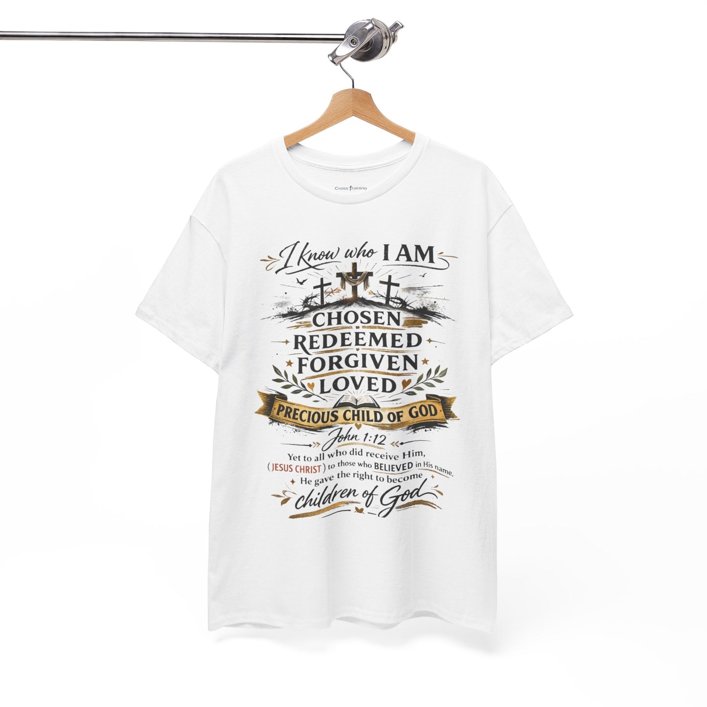 Christian Faith T-Shirt – “I Know Who I Am” Chosen, Redeemed, Forgiven Design