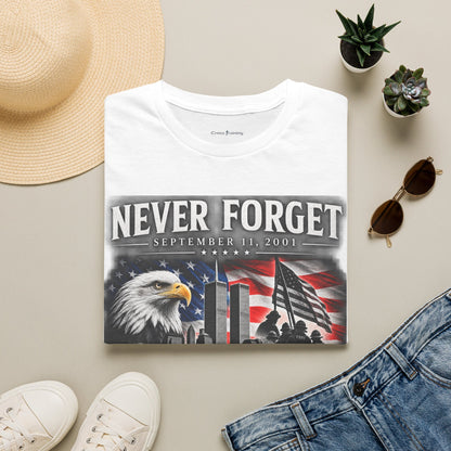 Never Forget 9/11 Memorial T-Shirt — American Flag & Eagle Tribute