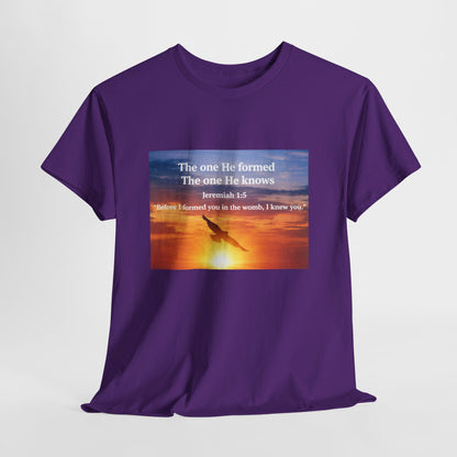 Christian Sunset T-Shirt — "Before I Formed You I Knew You" Scripture Tee