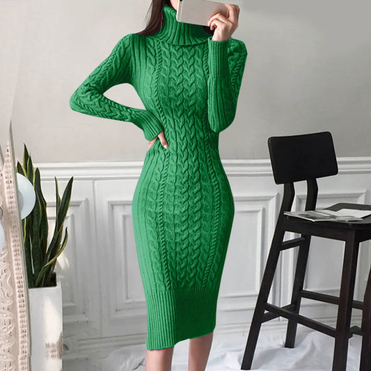 Autumn and Winter Womens Long Sleeve Turtleneck Sweater Dresses Warm Knitted Bodycon Pullovers Jumper Dresses Vestidos Largos