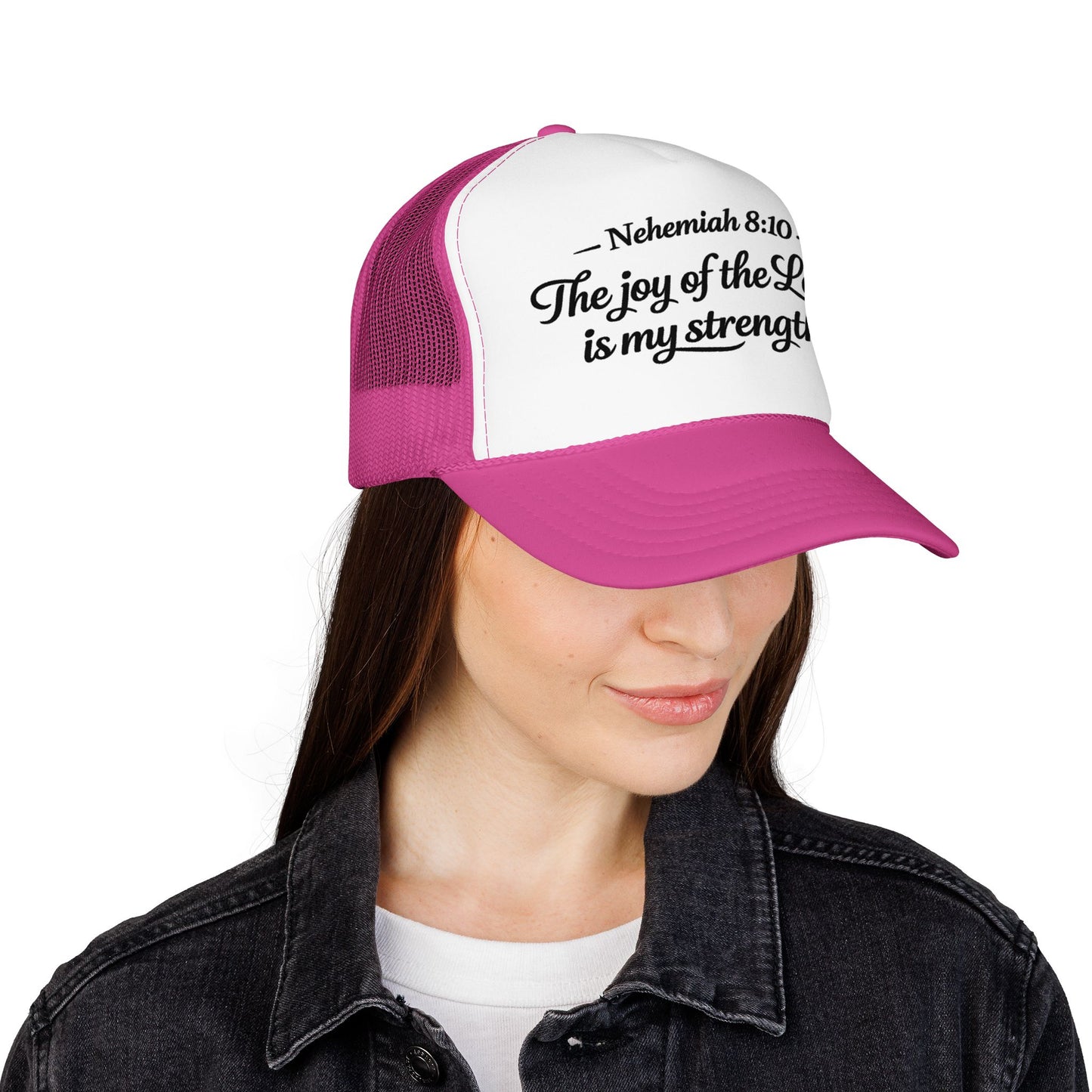 Nehemiah 8:10 Trucker Hat — “The Joy of the Lord Is My Strength” Christian Foam Cap