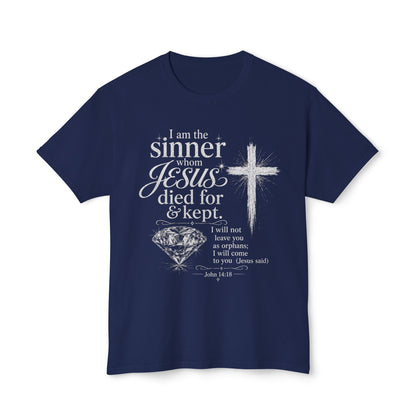 Christian Faith T-Shirt — "I am the sinner whom Jesus died for & kept" Pink Tee