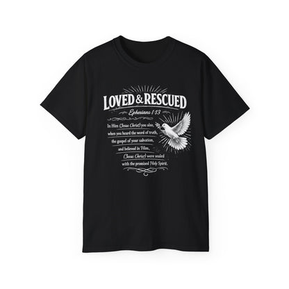 Loved & Rescued Tee — Ephesians 1:13 Christian Dove T‑Shirt