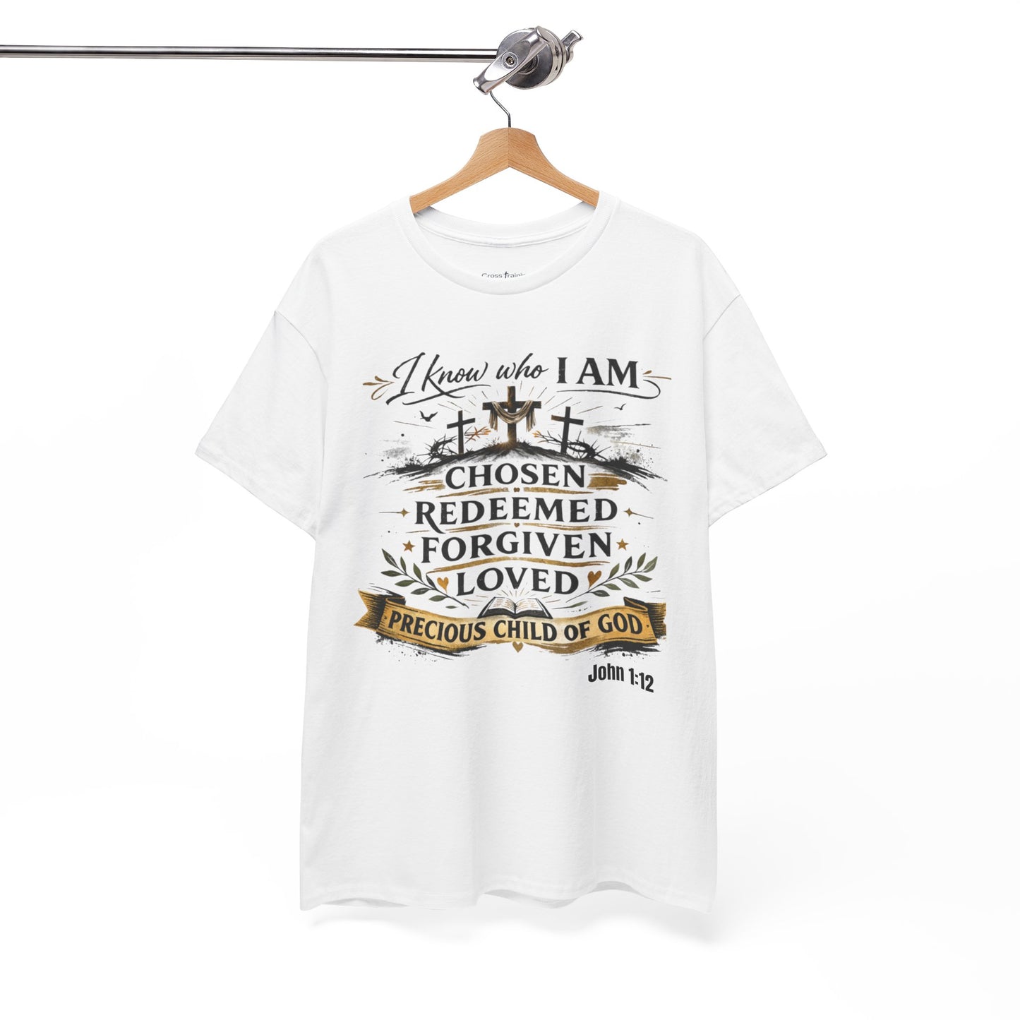 Christian Tee – "I Know Who I Am: Chosen, Redeemed, Forgiven, Loved" Spiritual Faith T-Shirt