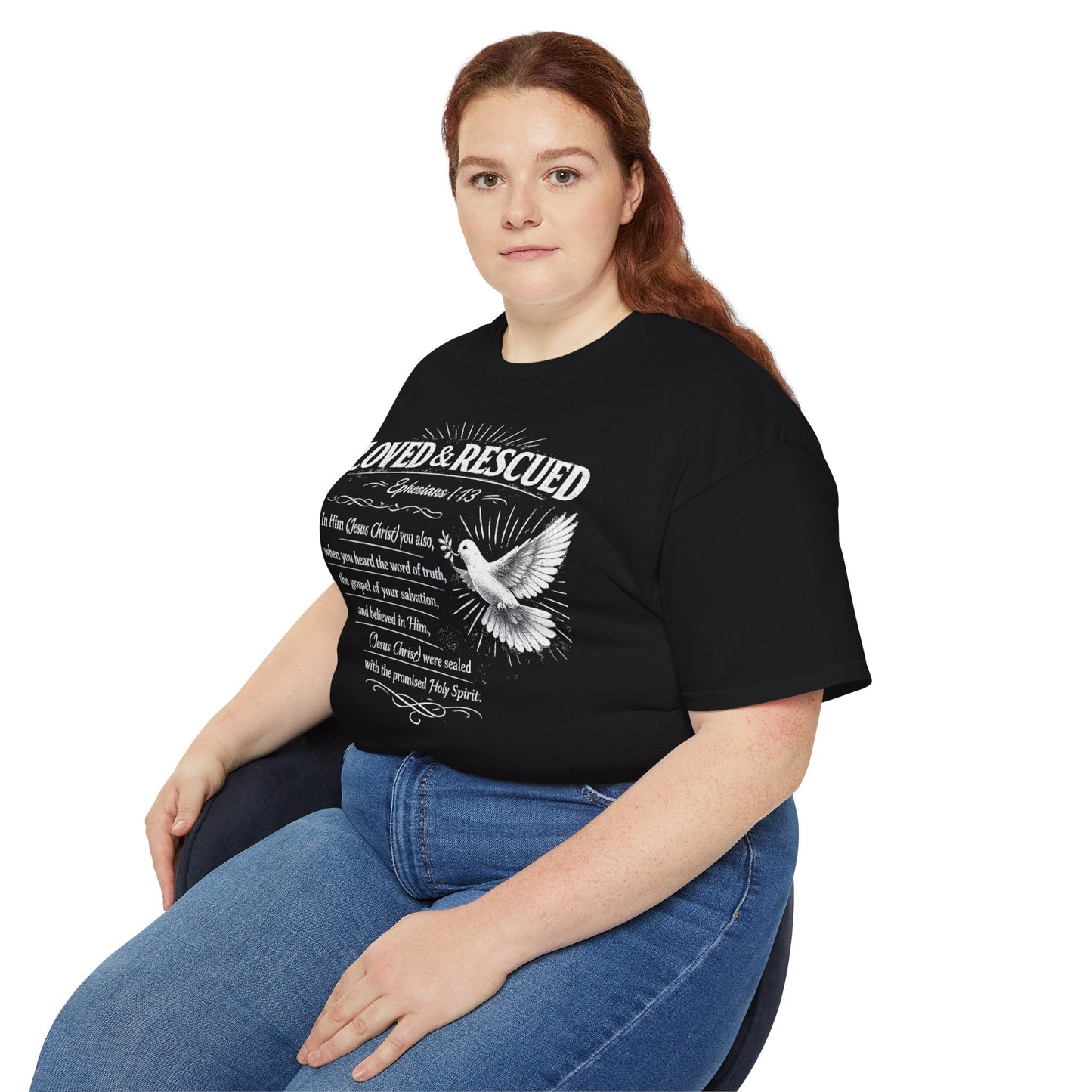 Loved & Rescued Tee — Ephesians 1:13 Christian Dove T‑Shirt