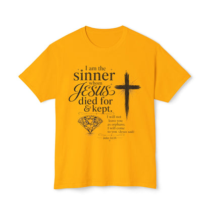Christian Faith T-Shirt — "I am the sinner whom Jesus died for & kept" Pink Tee