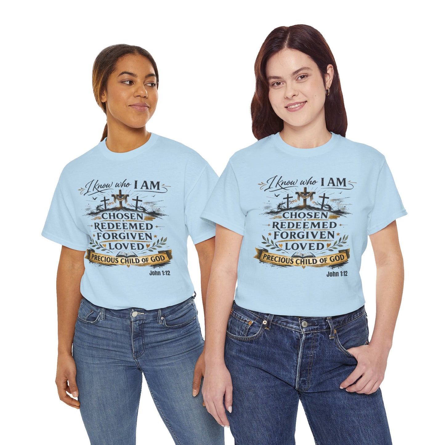 Christian Tee – "I Know Who I Am: Chosen, Redeemed, Forgiven, Loved" Spiritual Faith T-Shirt