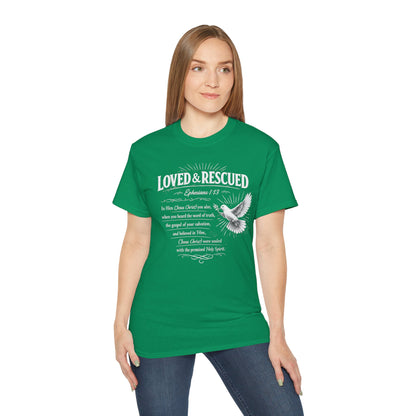 Loved & Rescued Tee — Ephesians 1:13 Christian Dove T‑Shirt