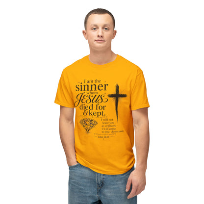 Christian Faith T-Shirt — "I am the sinner whom Jesus died for & kept" Pink Tee