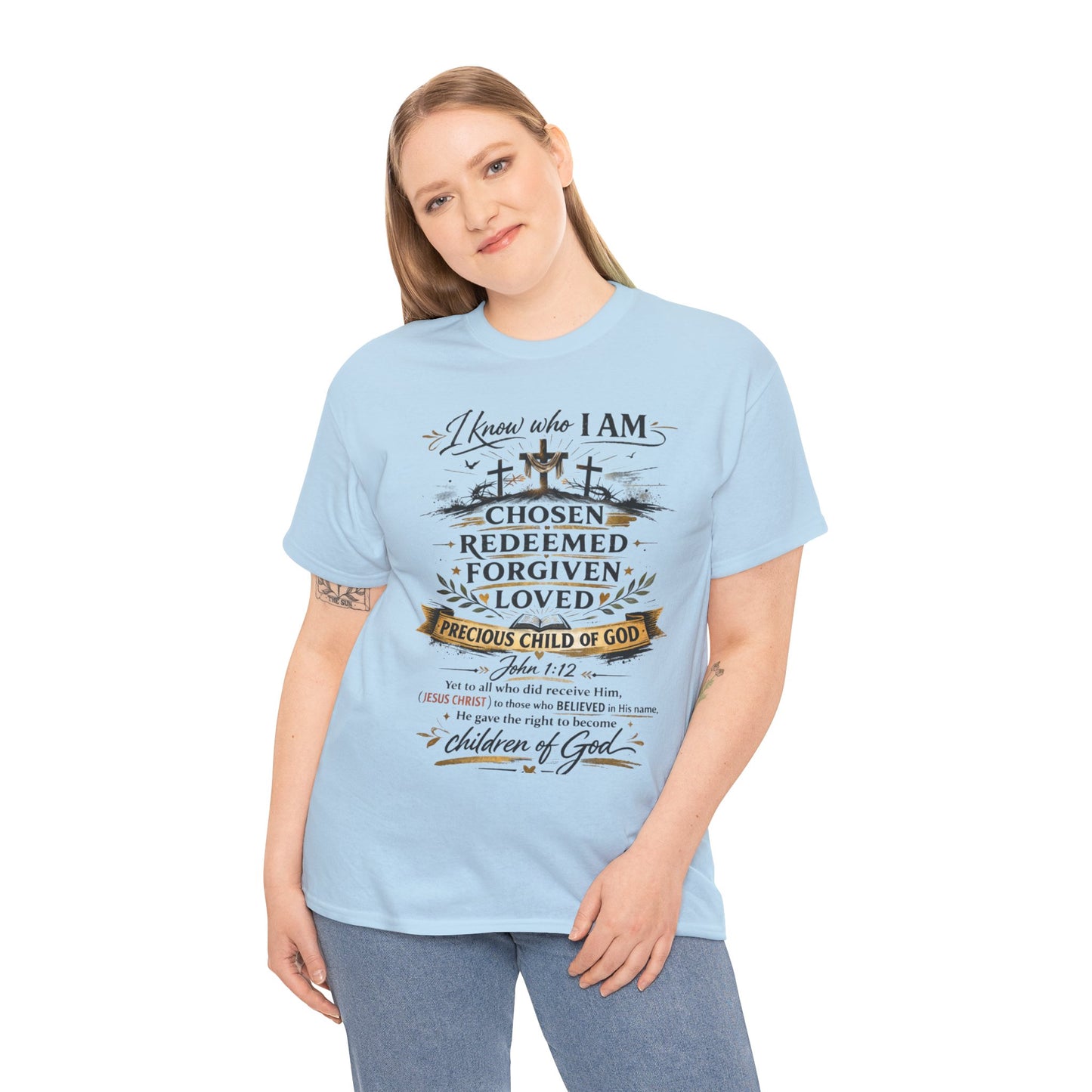 Christian Faith T-Shirt – “I Know Who I Am” Chosen, Redeemed, Forgiven Design