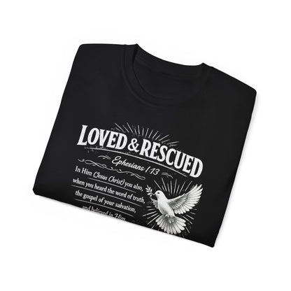 Loved & Rescued Tee — Ephesians 1:13 Christian Dove T‑Shirt