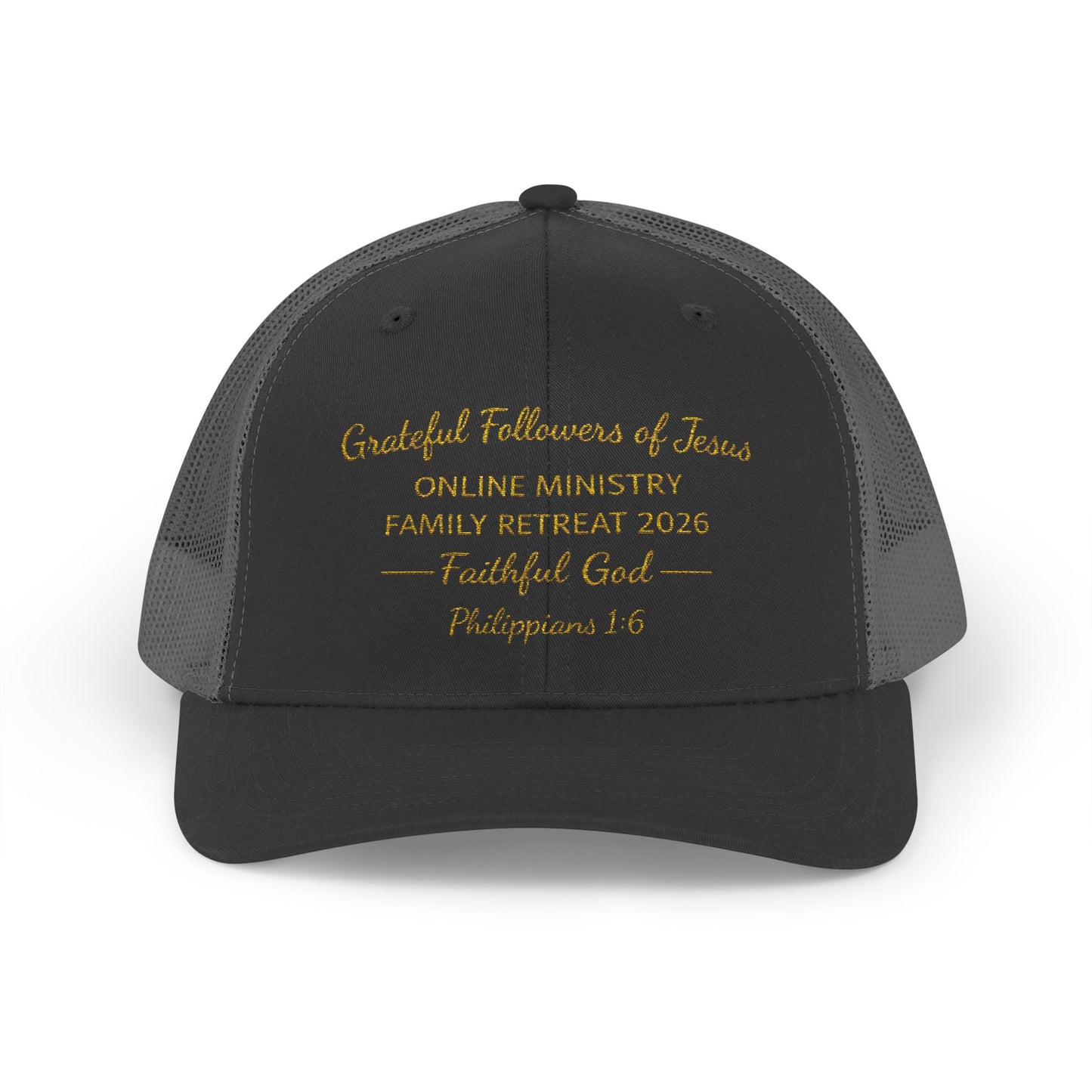 Embroidered Faith Retreat Trucker Cap — 'Faithful God' Family Ministry Snapback