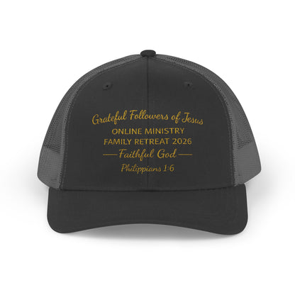 Embroidered Faith Retreat Trucker Cap — 'Faithful God' Family Ministry Snapback