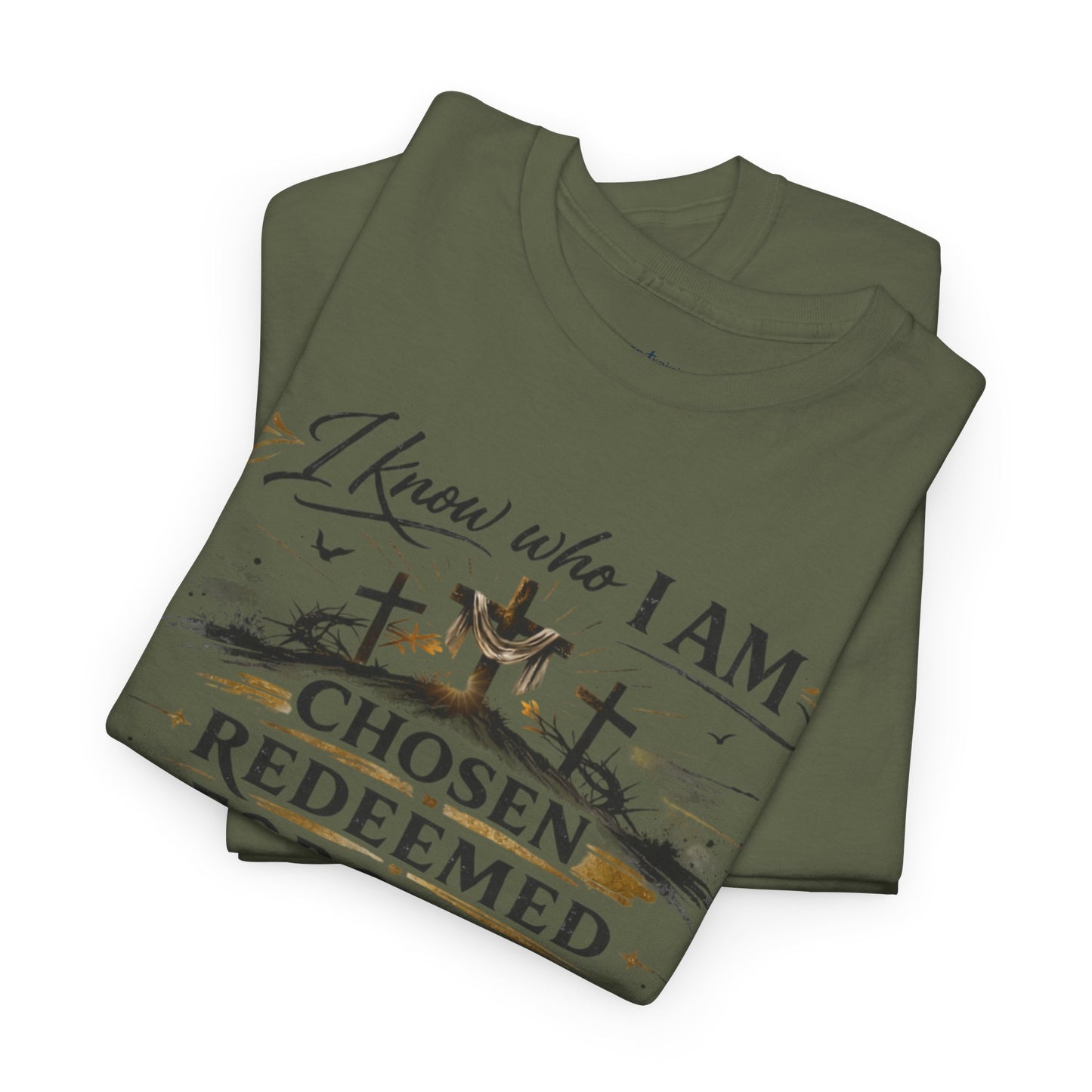 Christian Tee – "I Know Who I Am: Chosen, Redeemed, Forgiven, Loved" Spiritual Faith T-Shirt