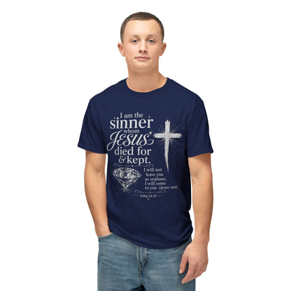 Christian Faith T-Shirt — "I am the sinner whom Jesus died for & kept" Pink Tee