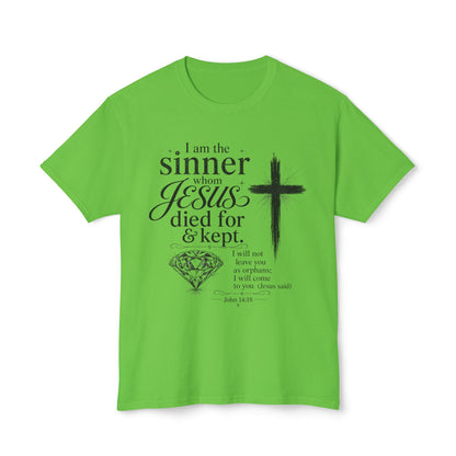 Christian Faith T-Shirt — "I am the sinner whom Jesus died for & kept" Pink Tee