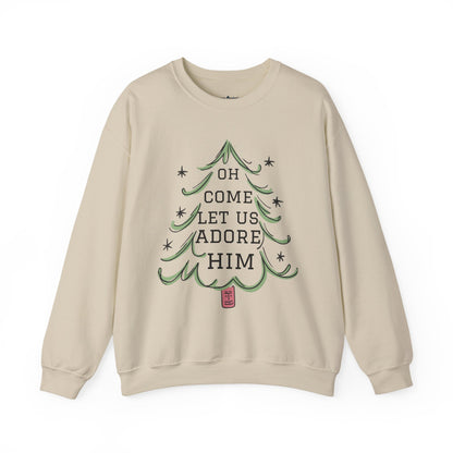 Unisex-Oh Come Let Us Adore Him Sweatshirt — Christmas Tree Nativity Holiday Crewneck