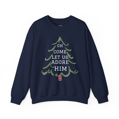 Unisex-Oh Come Let Us Adore Him Sweatshirt — Christmas Tree Nativity Holiday Crewneck