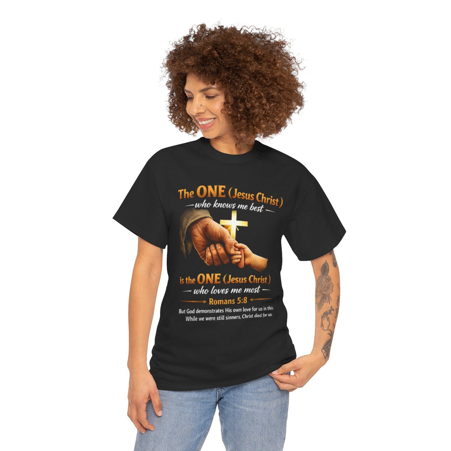 Christian T-Shirt — "The ONE (Jesus Christ)" Cross & Romans 5:8 Inspirational Tee