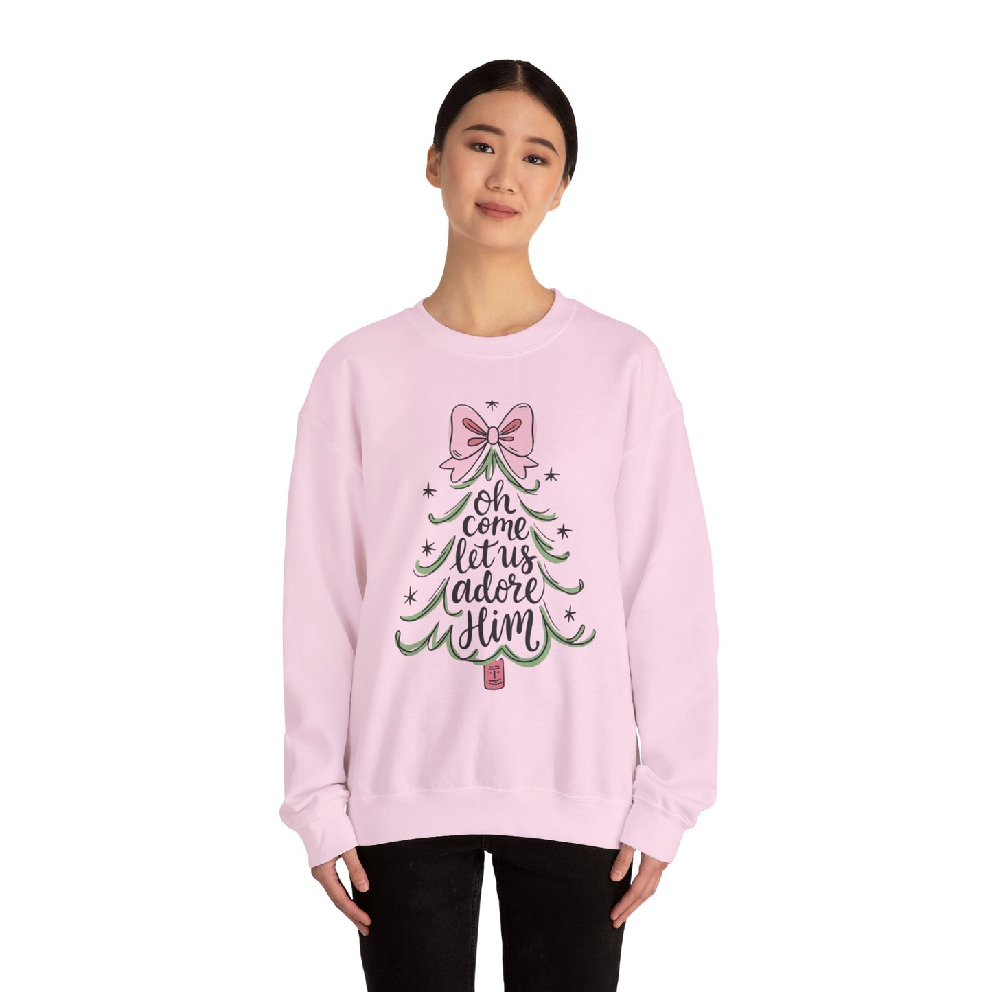 Christmas Tree Sweatshirt – “Oh Come Let Us Adore Him” Holiday Crewneck