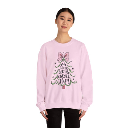 Christmas Tree Sweatshirt – “Oh Come Let Us Adore Him” Holiday Crewneck