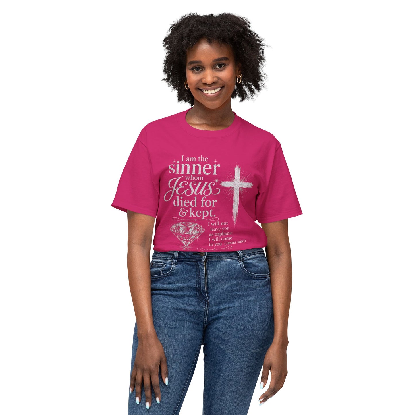 Christian Faith T-Shirt — "I am the sinner whom Jesus died for & kept" Pink Tee