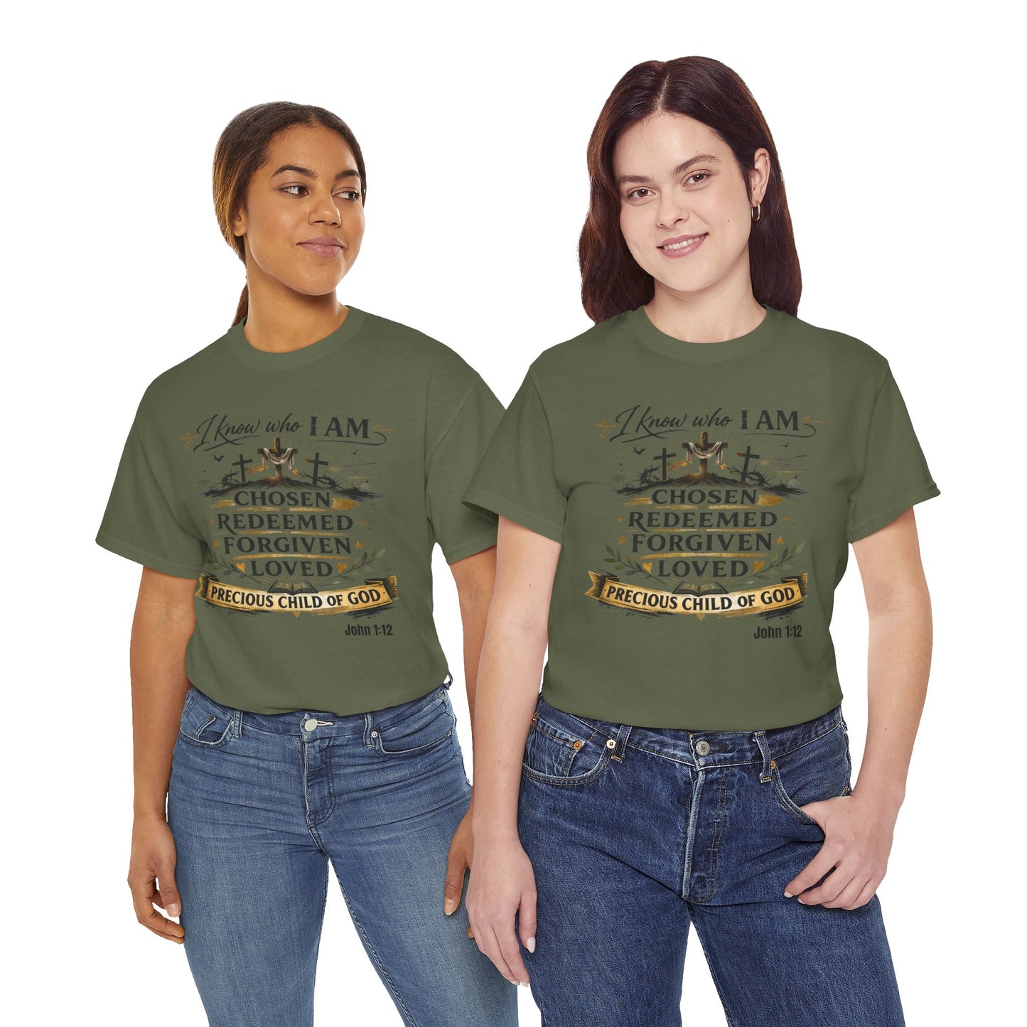 Christian Tee – "I Know Who I Am: Chosen, Redeemed, Forgiven, Loved" Spiritual Faith T-Shirt