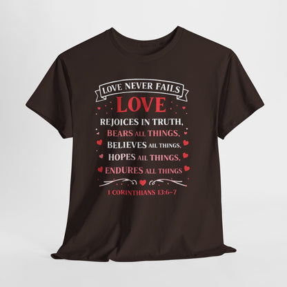 Love Never Fails T-Shirt — 1 Corinthians 13:6-7 Christian Faith Tee