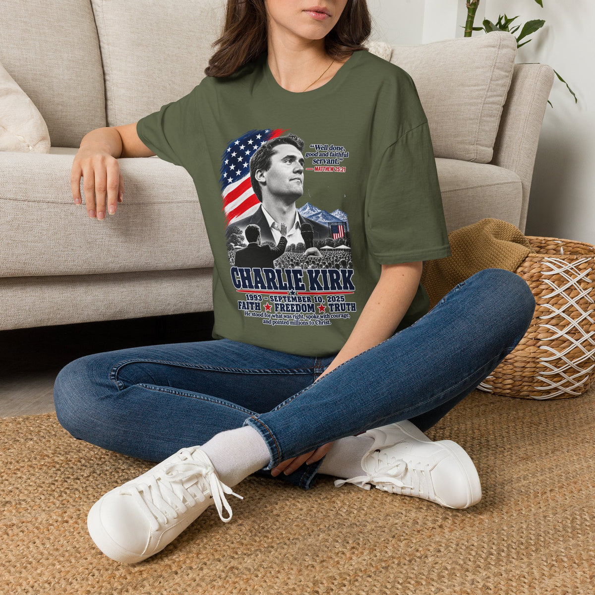 Charlie Kirk Tribute T-Shirt — "Well done, good and faithful servant" Matthew 25:21