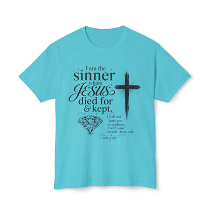 Christian Faith T-Shirt — "I am the sinner whom Jesus died for & kept" Pink Tee