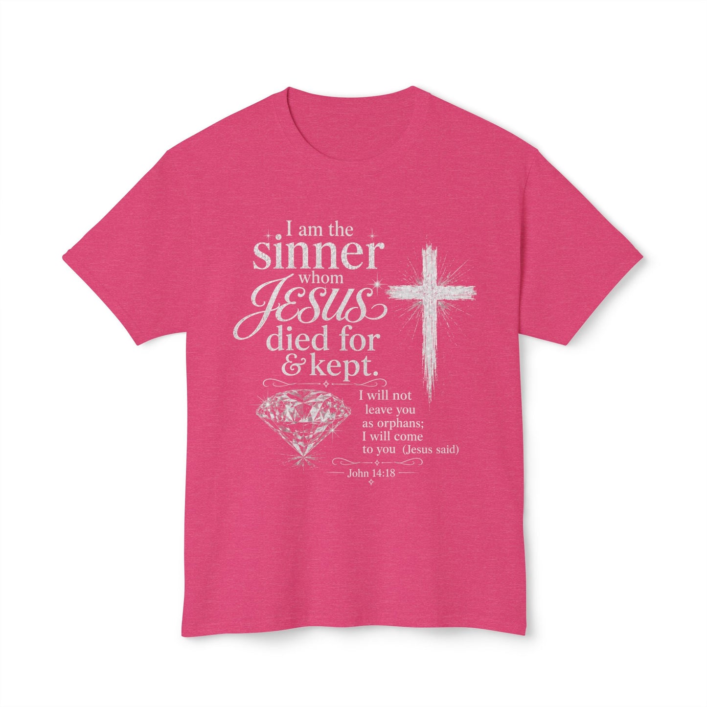 Christian Faith T-Shirt — "I am the sinner whom Jesus died for & kept" Pink Tee