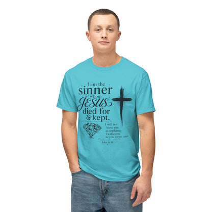 Christian Faith T-Shirt — "I am the sinner whom Jesus died for & kept" Pink Tee