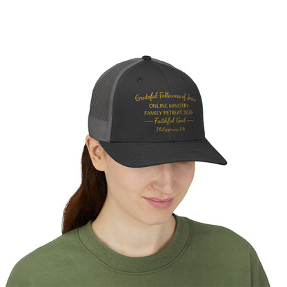 Embroidered Faith Retreat Trucker Cap — 'Faithful God' Family Ministry Snapback
