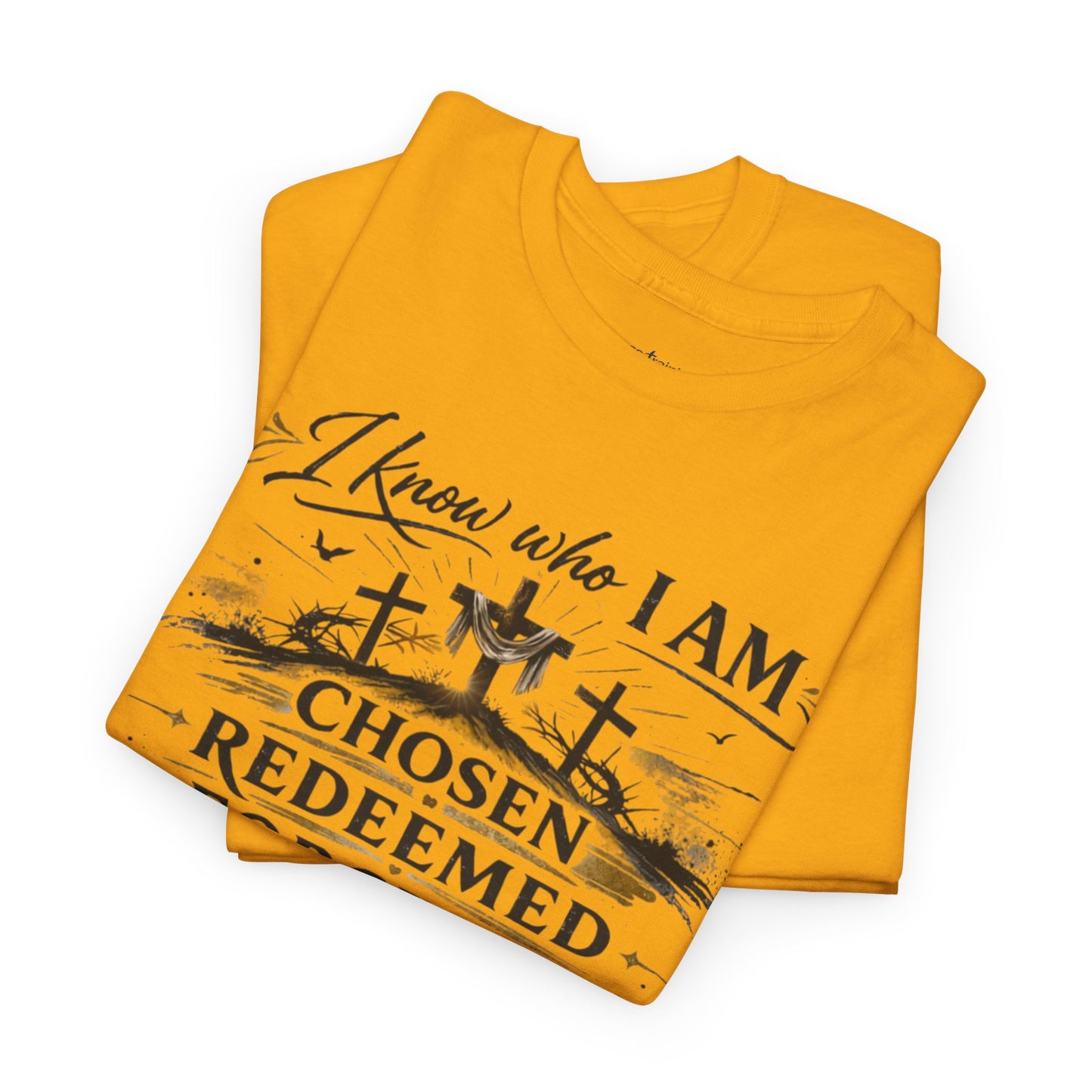 Christian Tee – "I Know Who I Am: Chosen, Redeemed, Forgiven, Loved" Spiritual Faith T-Shirt