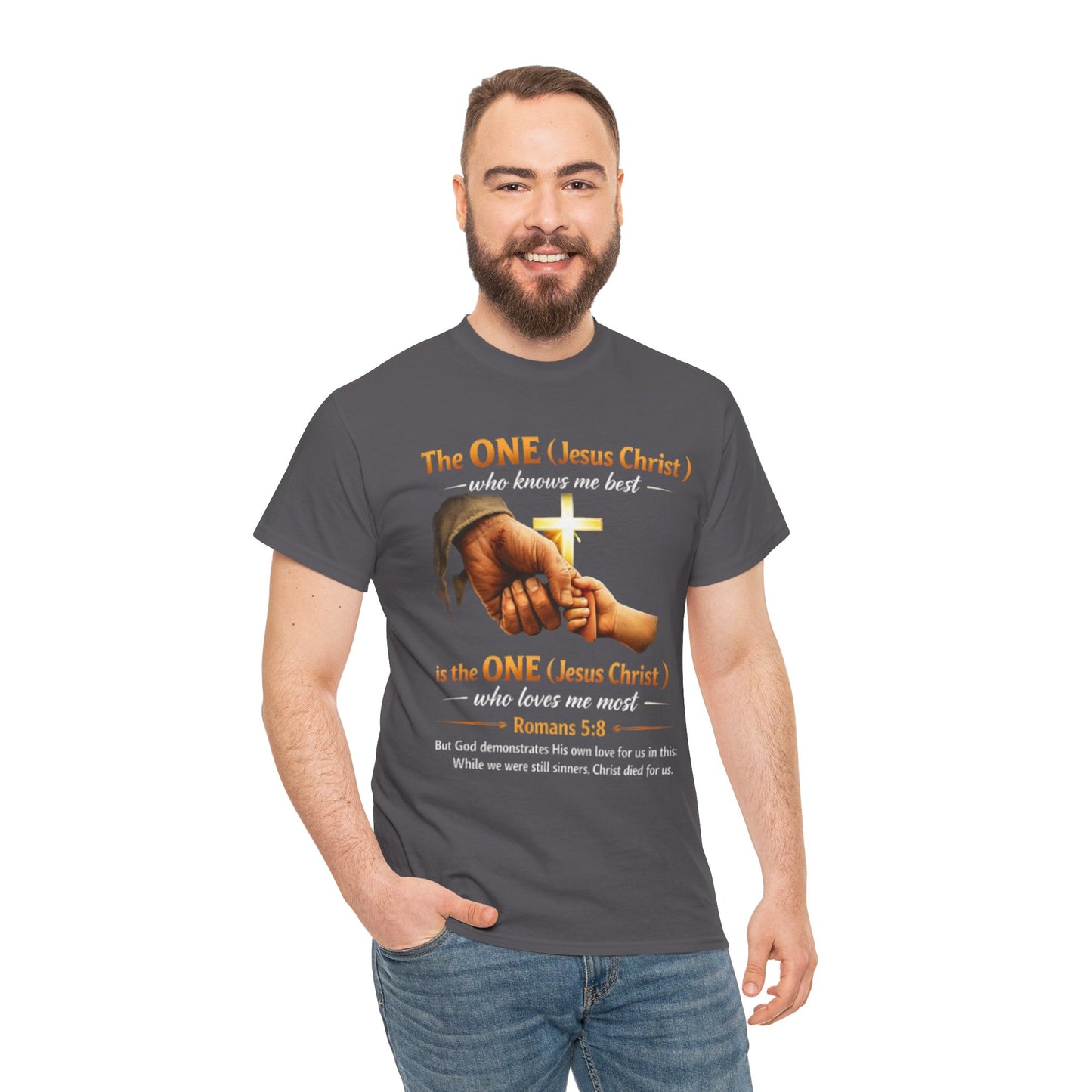 Christian T-Shirt — "The ONE (Jesus Christ)" Cross & Romans 5:8 Inspirational Tee