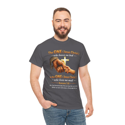 Christian T-Shirt — "The ONE (Jesus Christ)" Cross & Romans 5:8 Inspirational Tee