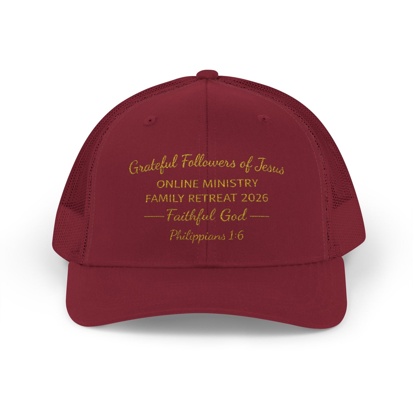 Embroidered Faith Retreat Trucker Cap — 'Faithful God' Family Ministry Snapback