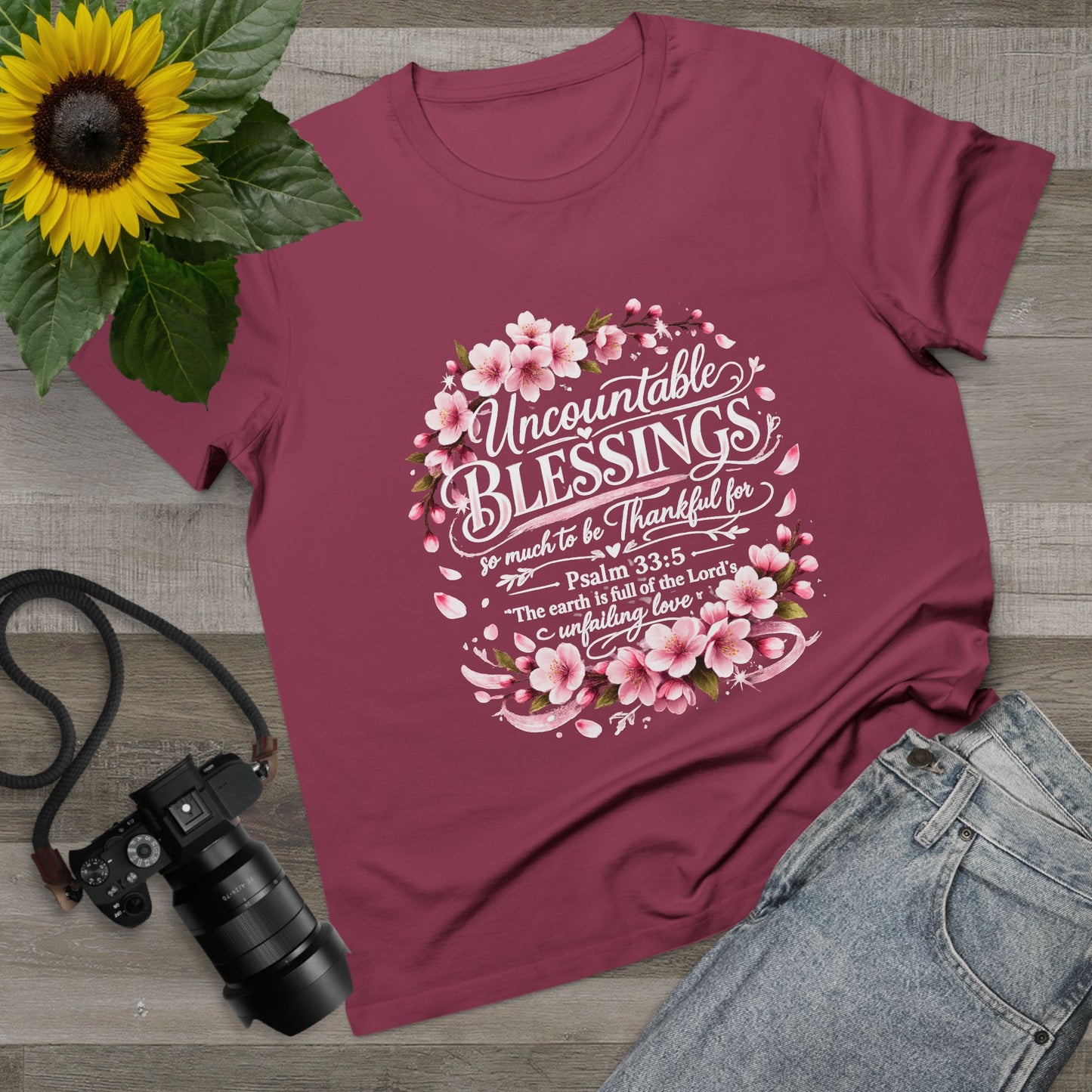 Uncountable Blessings Women’s Tee – Floral Psalm 33:5 Inspirational Shirt