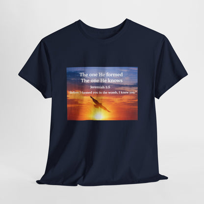 Christian Sunset T-Shirt — "Before I Formed You I Knew You" Scripture Tee