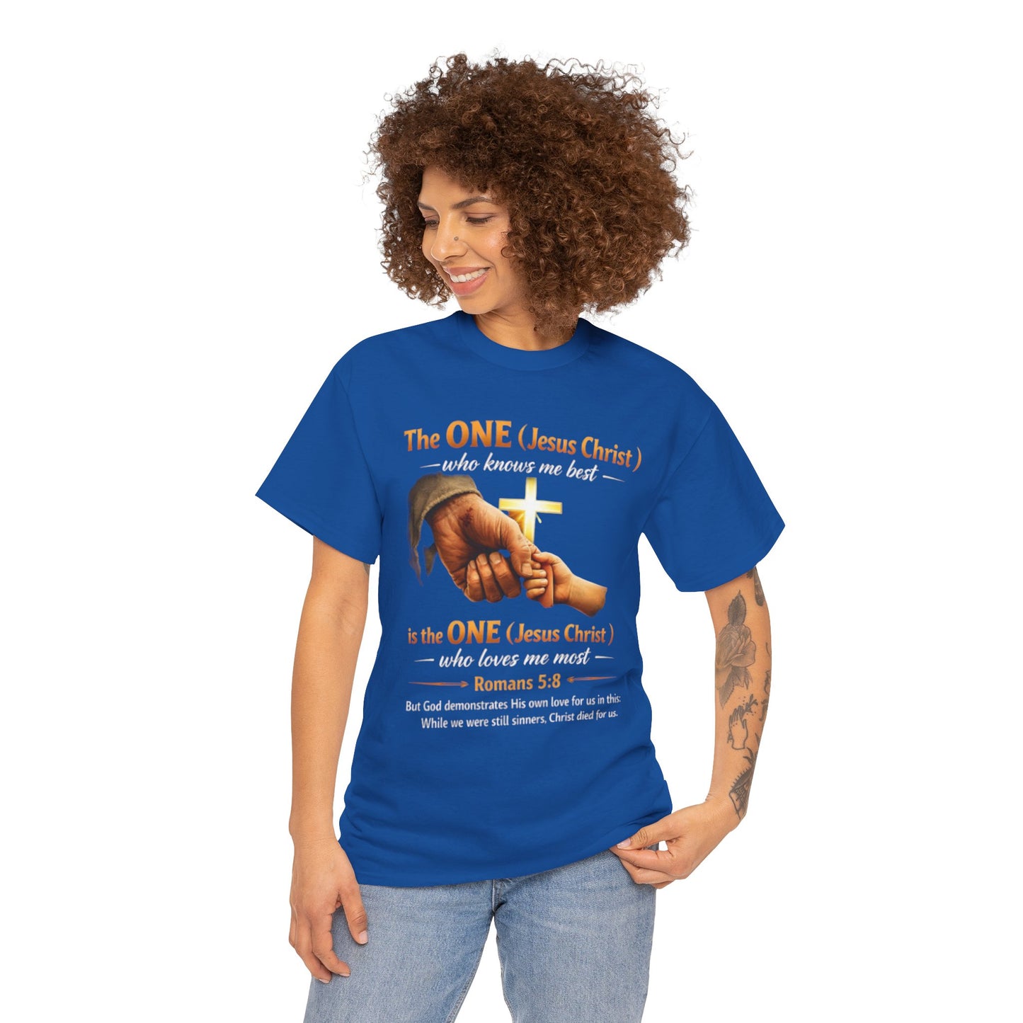 Christian T-Shirt — "The ONE (Jesus Christ)" Cross & Romans 5:8 Inspirational Tee
