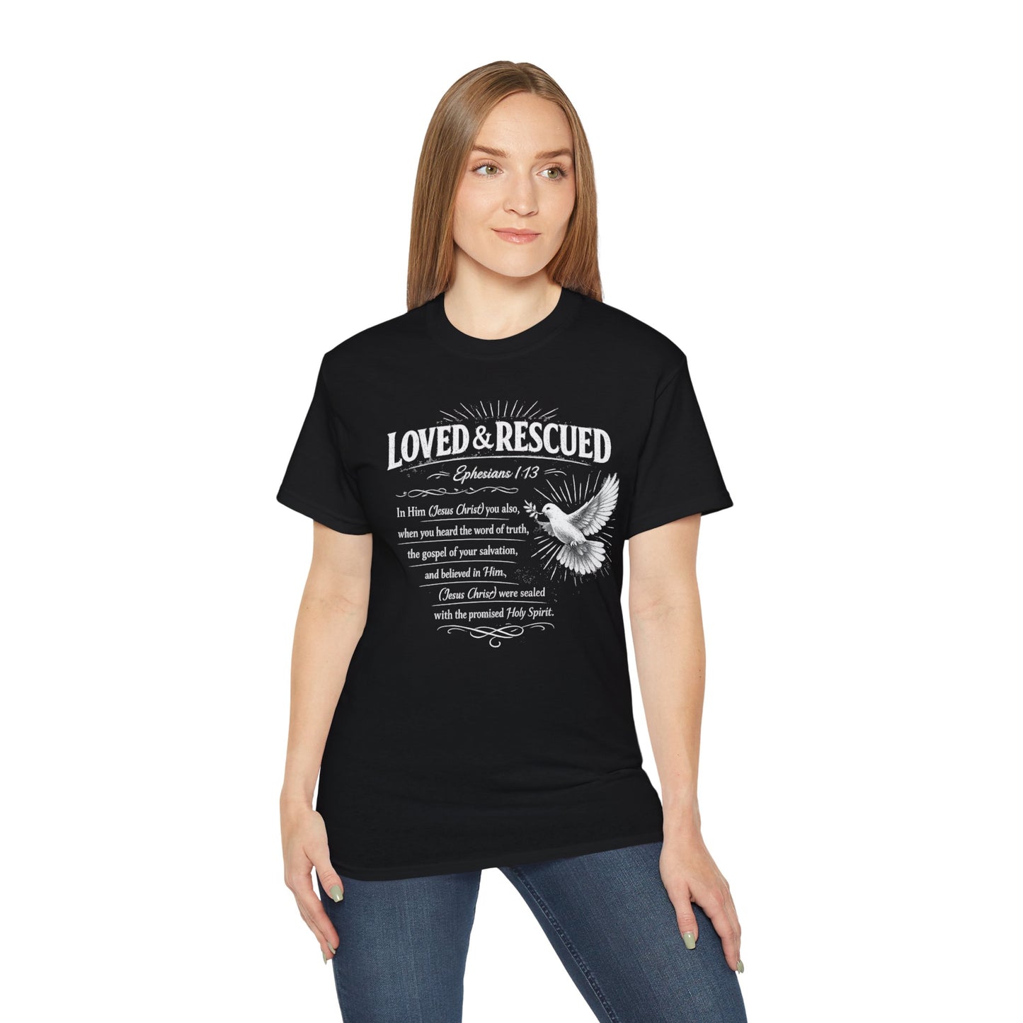 Loved & Rescued Tee — Ephesians 1:13 Christian Dove T‑Shirt