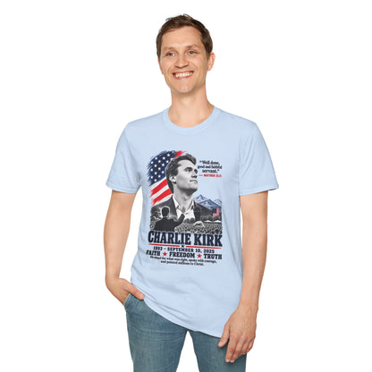 Charlie Kirk Tribute T-Shirt — "Well done, good and faithful servant" Matthew 25:21