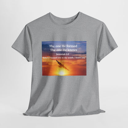 Christian Sunset T-Shirt — "Before I Formed You I Knew You" Scripture Tee