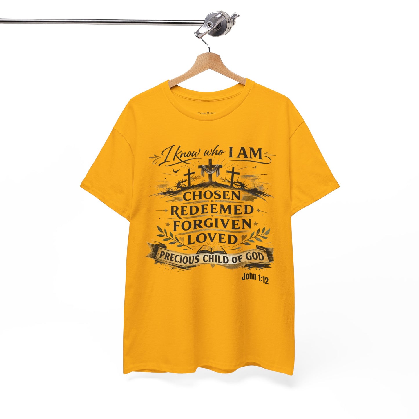 Christian Tee – "I Know Who I Am: Chosen, Redeemed, Forgiven, Loved" Spiritual Faith T-Shirt