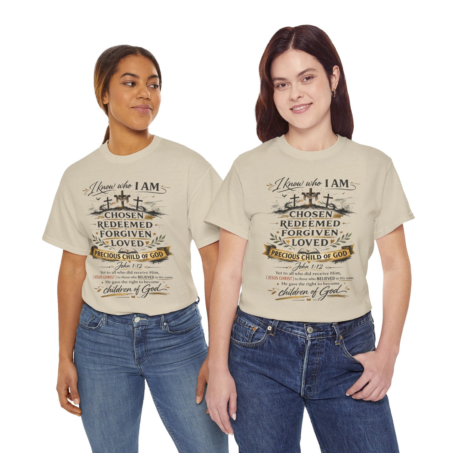 Christian Faith T-Shirt – “I Know Who I Am” Chosen, Redeemed, Forgiven Design