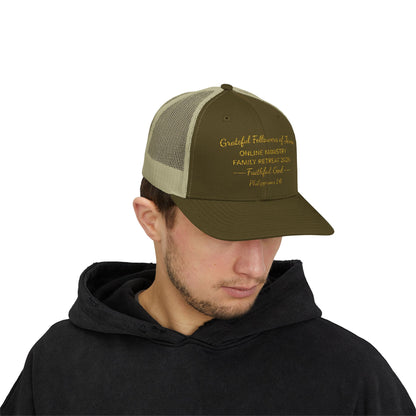 Embroidered Faith Retreat Trucker Cap — 'Faithful God' Family Ministry Snapback