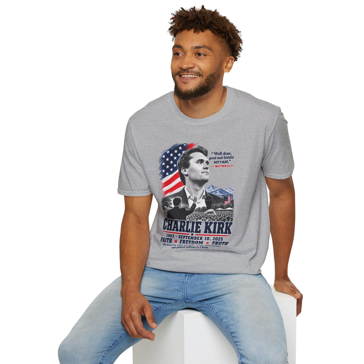 Charlie Kirk Tribute T-Shirt — "Well done, good and faithful servant" Matthew 25:21
